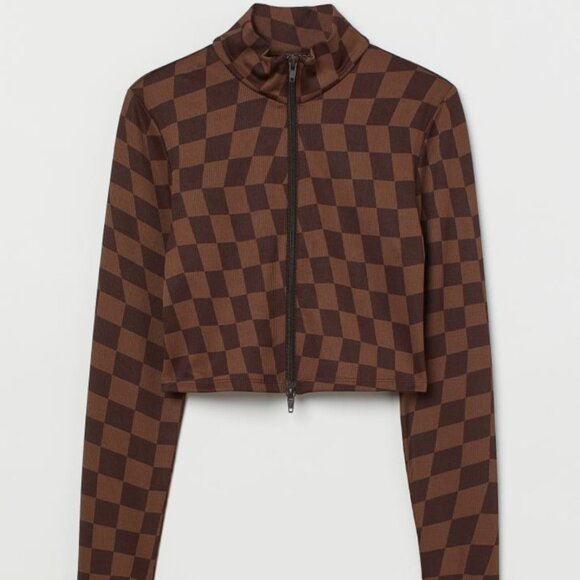 EUC H&M Zip Front Top in Brown Checkered - Picture 5 of 5